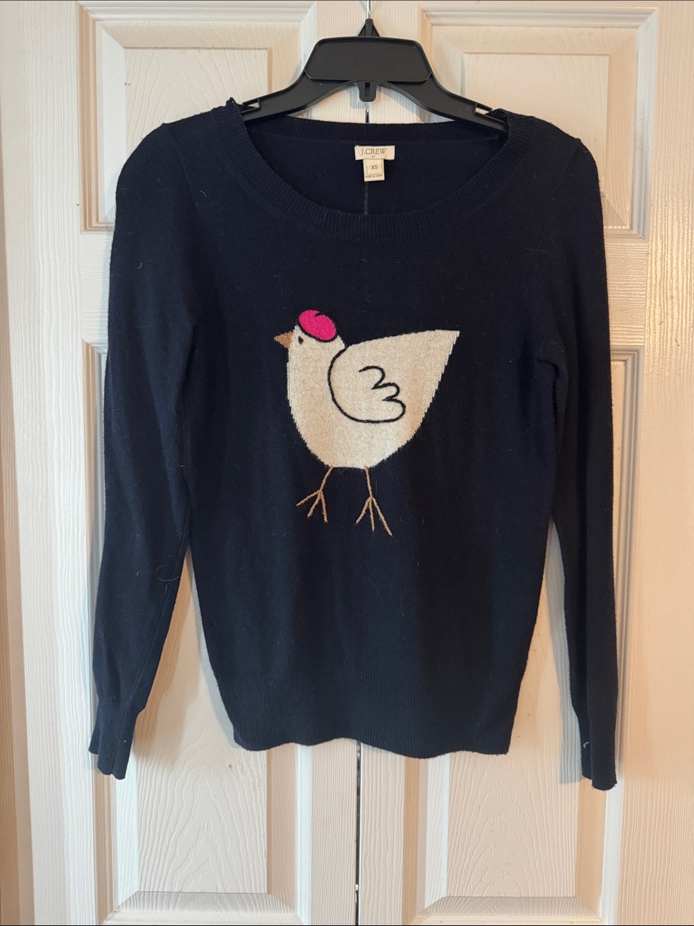 J. Crew Black Sweater with Cream Bird and Pink Accent